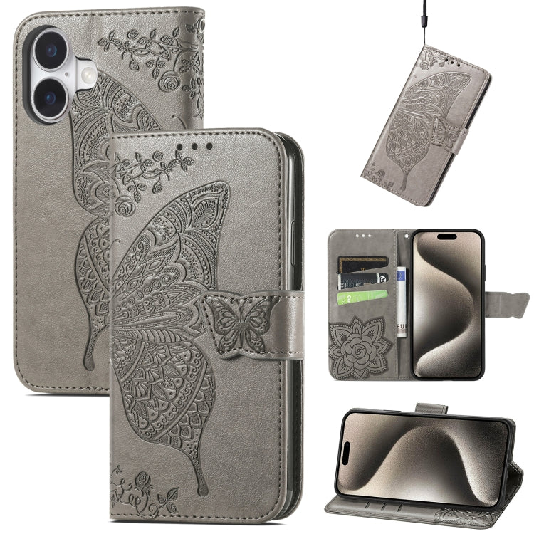 Butterfly Love Flower Embossed Leather Phone Case, For iPhone 16 Pro, For iPhone 16 Plus, For iPhone 16