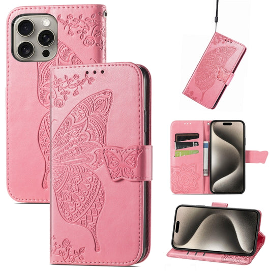 Butterfly Love Flower Embossed Leather Phone Case, For iPhone 16 Pro, For iPhone 16 Plus, For iPhone 16