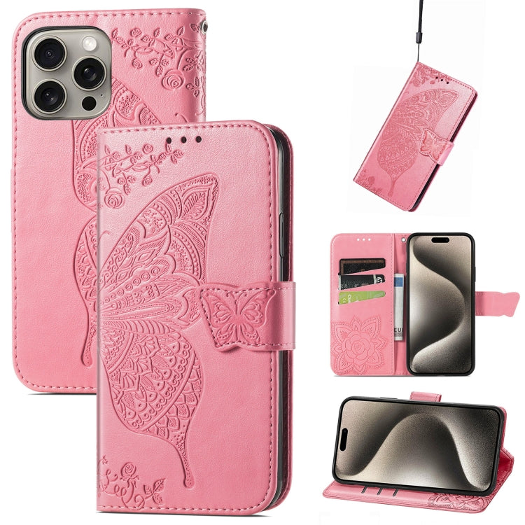 Butterfly Love Flower Embossed Leather Phone Case, For iPhone Air, For iPhone 16e, For iPhone 16 Pro Max
