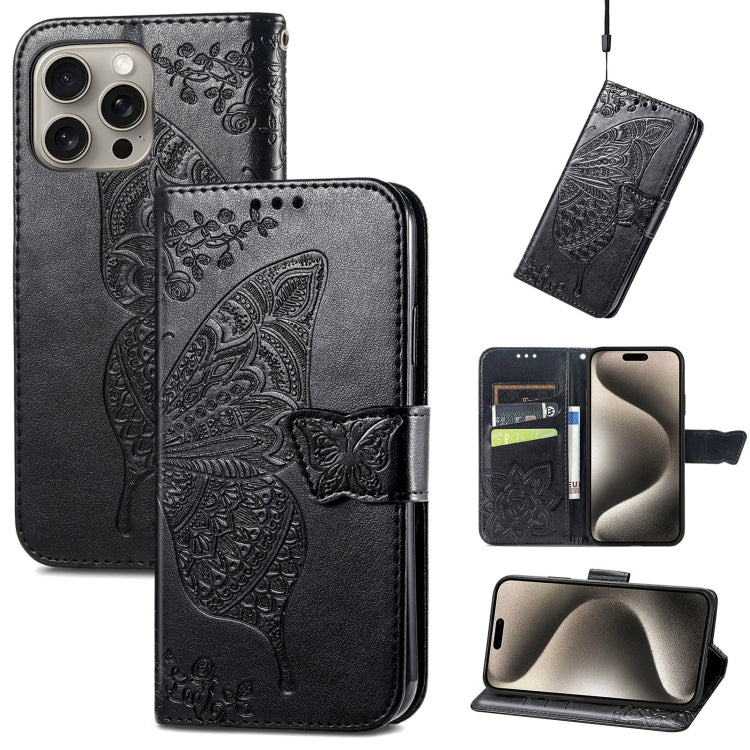 Butterfly Love Flower Embossed Leather Phone Case, For iPhone Air, For iPhone 16e, For iPhone 16 Pro Max