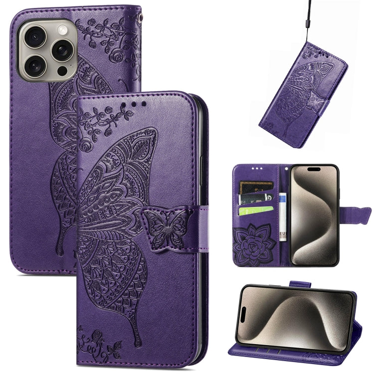 Butterfly Love Flower Embossed Leather Phone Case, For iPhone Air, For iPhone 16e, For iPhone 16 Pro Max