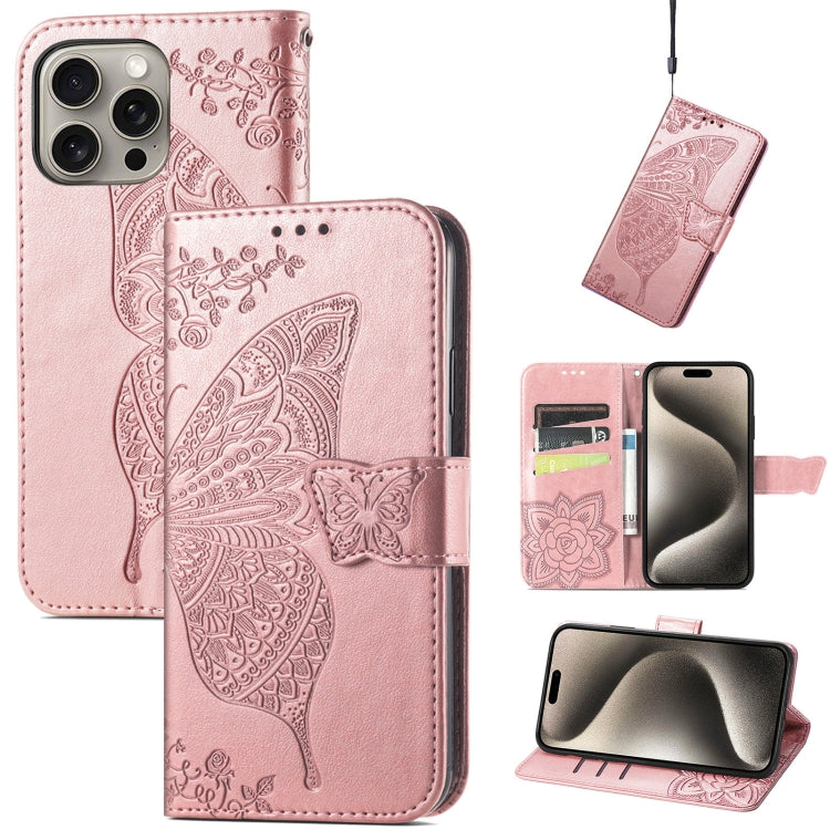 Butterfly Love Flower Embossed Leather Phone Case, For iPhone Air, For iPhone 16e, For iPhone 16 Pro Max