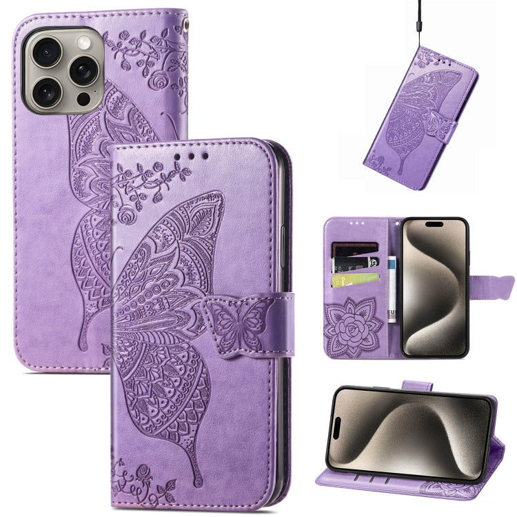 Butterfly Love Flower Embossed Leather Phone Case, For iPhone Air, For iPhone 16e, For iPhone 16 Pro Max
