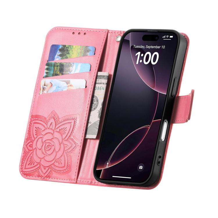Butterfly Love Flower Embossed Leather Phone Case, For iPhone Air, For iPhone 16e, For iPhone 16 Pro Max