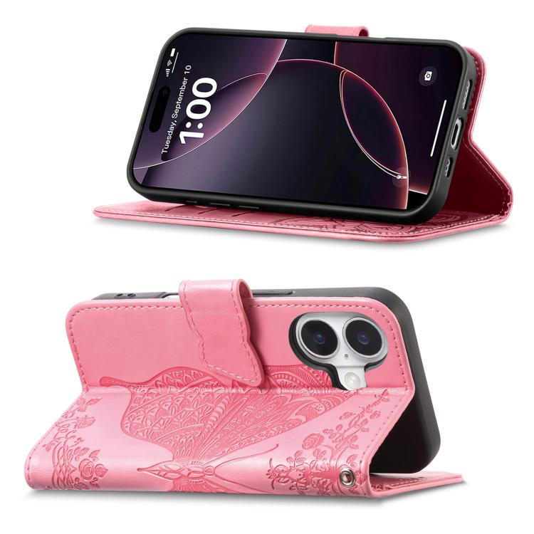 Butterfly Love Flower Embossed Leather Phone Case, For iPhone Air, For iPhone 16e, For iPhone 16 Pro Max