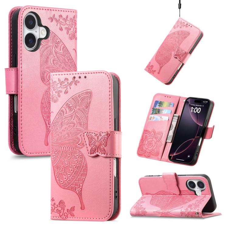 Butterfly Love Flower Embossed Leather Phone Case, For iPhone Air, For iPhone 16e, For iPhone 16 Pro Max