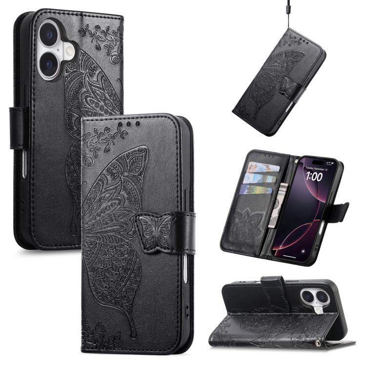 Butterfly Love Flower Embossed Leather Phone Case, For iPhone Air, For iPhone 16e, For iPhone 16 Pro Max
