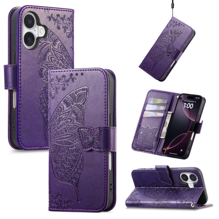 Butterfly Love Flower Embossed Leather Phone Case, For iPhone Air, For iPhone 16e, For iPhone 16 Pro Max