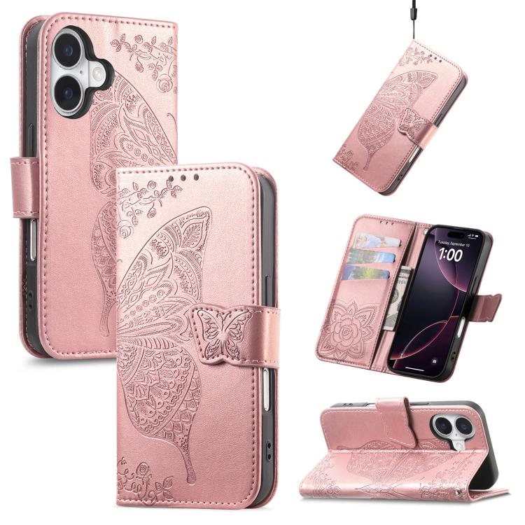 Butterfly Love Flower Embossed Leather Phone Case, For iPhone Air, For iPhone 16e, For iPhone 16 Pro Max