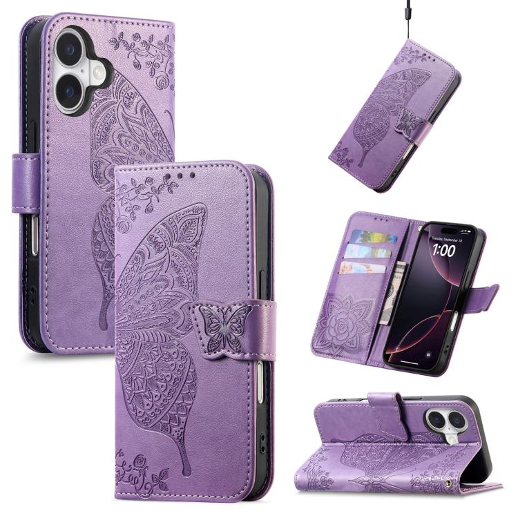 Butterfly Love Flower Embossed Leather Phone Case, For iPhone Air, For iPhone 16e, For iPhone 16 Pro Max
