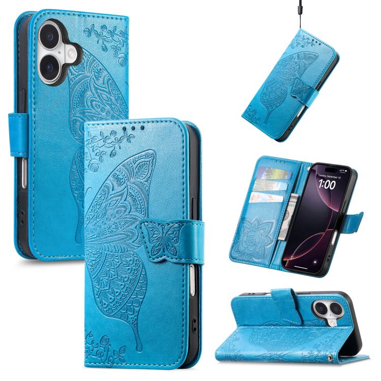 Butterfly Love Flower Embossed Leather Phone Case, For iPhone Air, For iPhone 16e, For iPhone 16 Pro Max