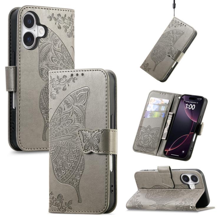 Butterfly Love Flower Embossed Leather Phone Case, For iPhone Air, For iPhone 16e, For iPhone 16 Pro Max