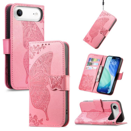 Butterfly Love Flower Embossed Leather Phone Case, For iPhone Air, For iPhone 16e, For iPhone 16 Pro Max