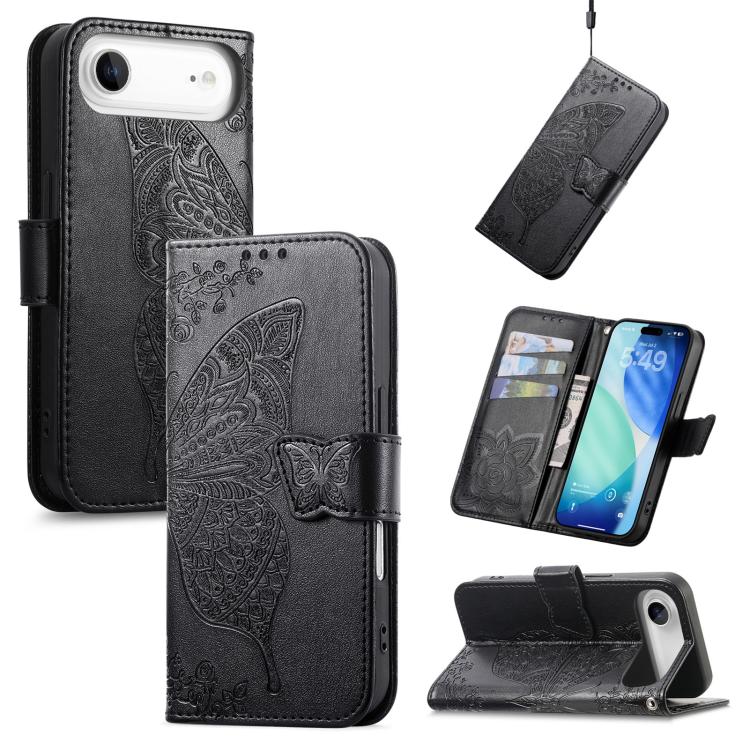 Butterfly Love Flower Embossed Leather Phone Case, For iPhone Air, For iPhone 16e, For iPhone 16 Pro Max