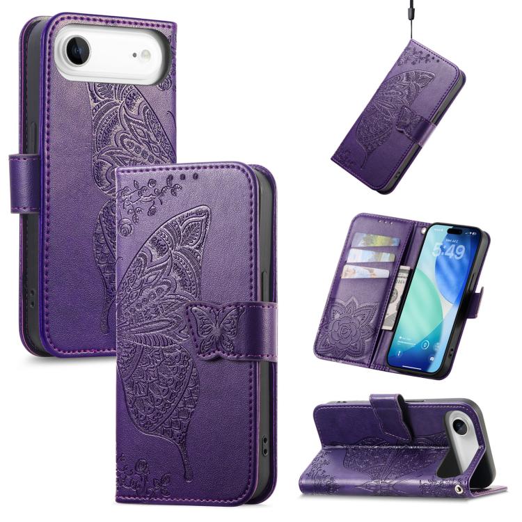 Butterfly Love Flower Embossed Leather Phone Case, For iPhone Air, For iPhone 16e, For iPhone 16 Pro Max