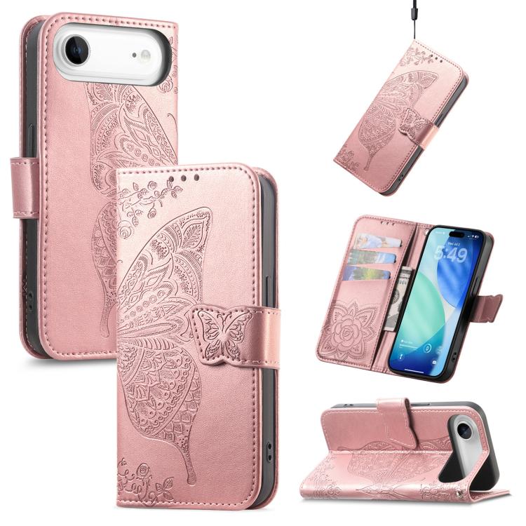 Butterfly Love Flower Embossed Leather Phone Case, For iPhone Air, For iPhone 16e, For iPhone 16 Pro Max