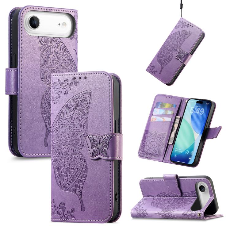 Butterfly Love Flower Embossed Leather Phone Case, For iPhone Air, For iPhone 16e, For iPhone 16 Pro Max