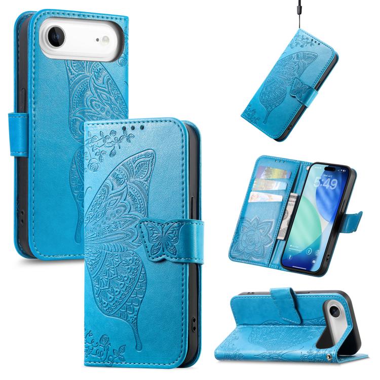 Butterfly Love Flower Embossed Leather Phone Case, For iPhone Air, For iPhone 16e, For iPhone 16 Pro Max