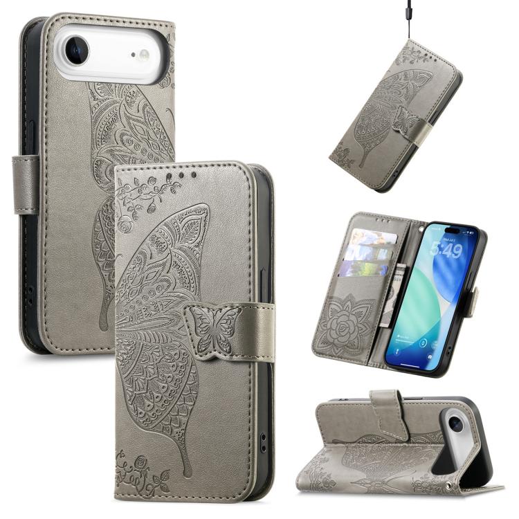 Butterfly Love Flower Embossed Leather Phone Case, For iPhone Air, For iPhone 16e, For iPhone 16 Pro Max