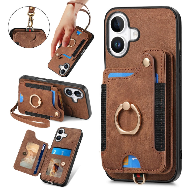 Retro Skin-feel Ring Multi-card Wallet Phone Case, For iPhone 16 Pro, For iPhone 16 Plus, For iPhone 16, For iPhone 15 Pro Max