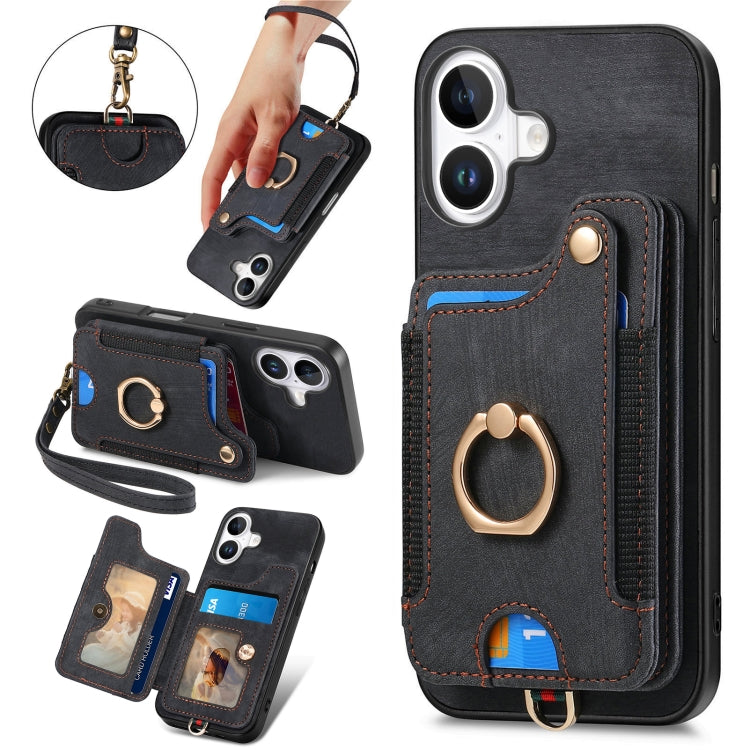 Retro Skin-feel Ring Multi-card Wallet Phone Case, For iPhone 16 Pro, For iPhone 16 Plus, For iPhone 16, For iPhone 15 Pro Max