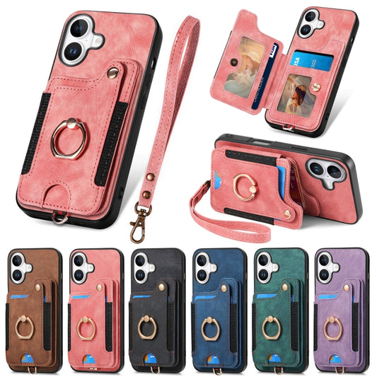 Retro Skin-feel Ring Multi-card Wallet Phone Case, For iPhone 16 Pro, For iPhone 16 Plus, For iPhone 16, For iPhone 15 Pro Max