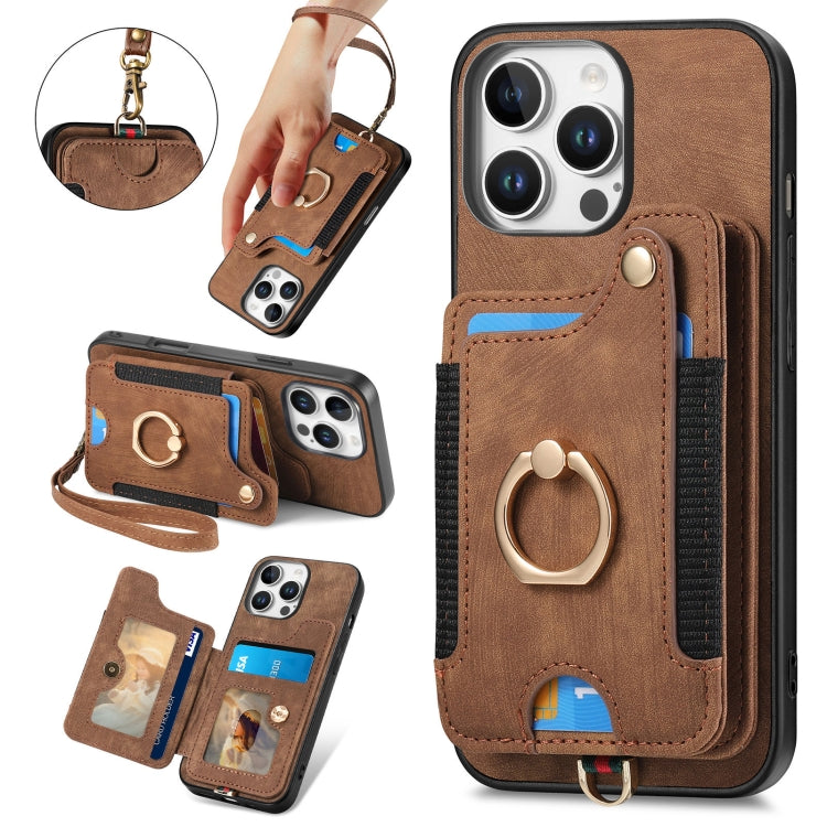 Retro Skin-feel Ring Multi-card Wallet Phone Case, For iPhone 16 Pro, For iPhone 16 Plus, For iPhone 16, For iPhone 15 Pro Max