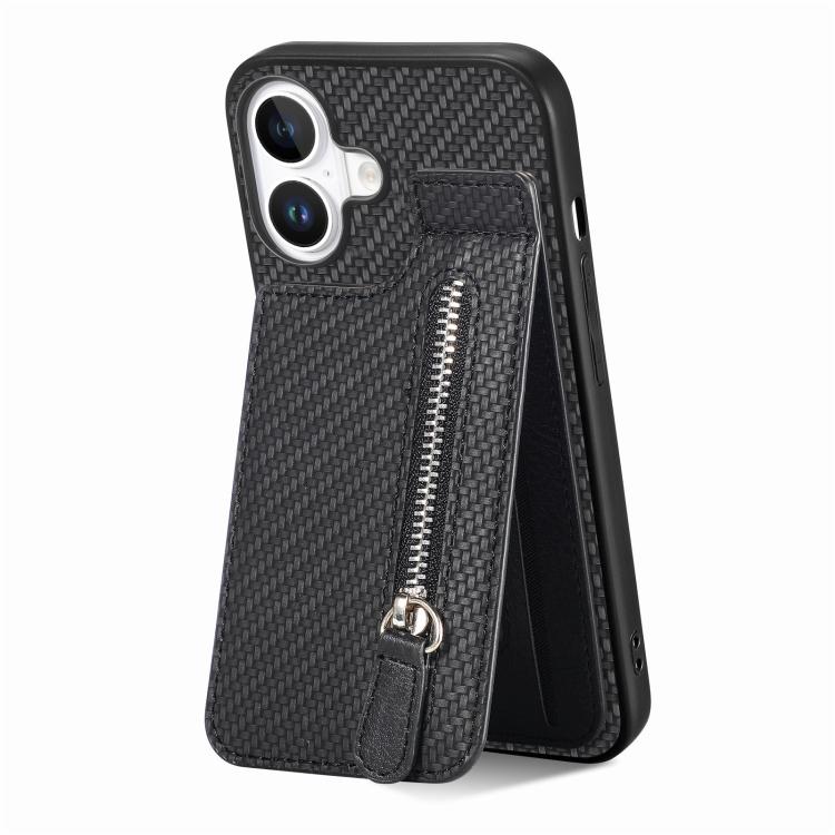 Carbon Fiber Vertical Flip Zipper Phone Case, For iPhone 16e, For iPhone 16 Pro Max, For iPhone 16 Pro, For iPhone 16 Plus