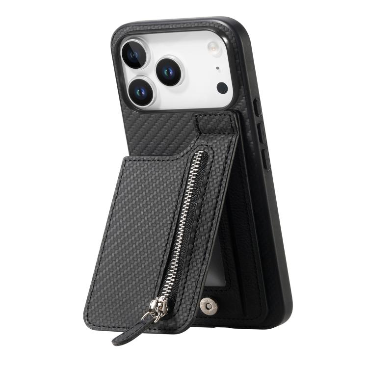Carbon Fiber Vertical Flip Zipper Phone Case, For iPhone 16e, For iPhone 16 Pro Max, For iPhone 16 Pro, For iPhone 16 Plus