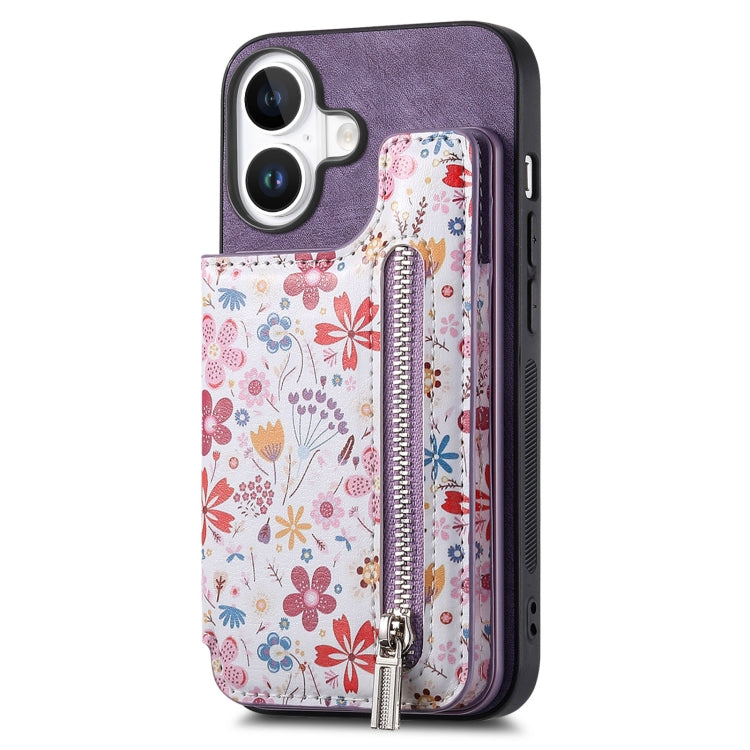 Retro Painted Zipper Wallet Back Phone Case, For iPhone 16e, For iPhone 16 Pro Max, For iPhone 16 Pro, For iPhone 16 Plus