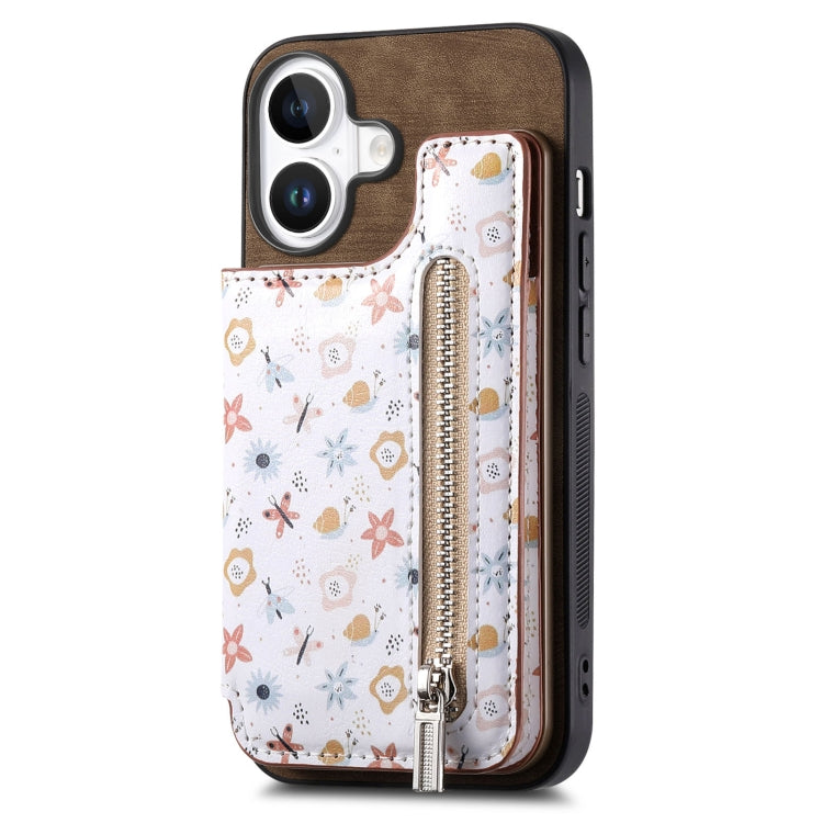 Retro Painted Zipper Wallet Back Phone Case, For iPhone 16e, For iPhone 16 Pro Max, For iPhone 16 Pro, For iPhone 16 Plus