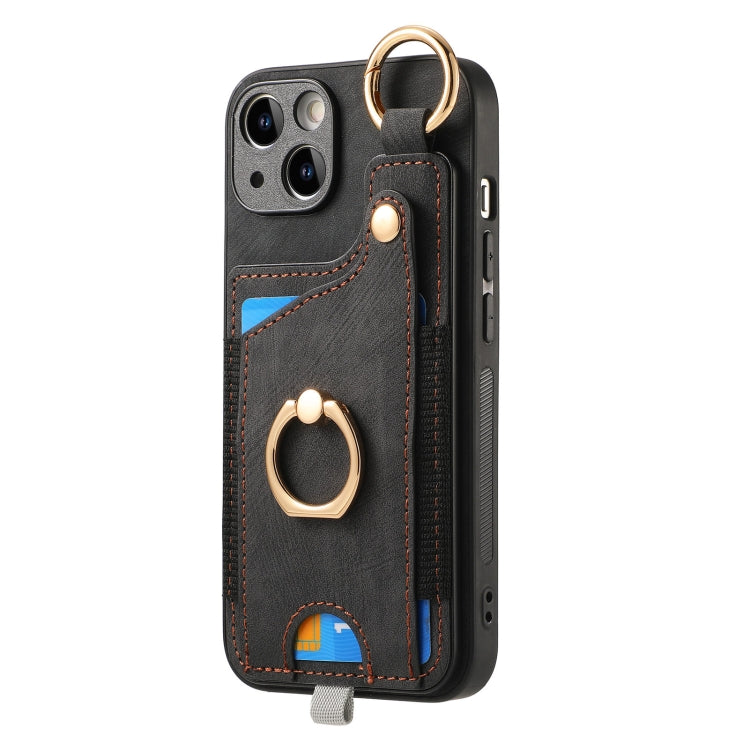 Retro Skin-feel Ring Card Bag Phone Case with Hang Loop, For iPhone 16, For iPhone 15 Pro Max, For iPhone 15 Pro, For iPhone 15 Plus