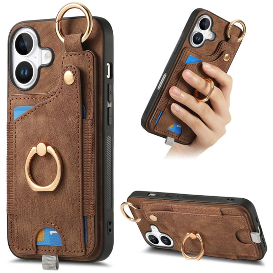Retro Skin-feel Ring Card Bag Phone Case with Hang Loop, For iPhone 16, For iPhone 15 Pro Max, For iPhone 15 Pro, For iPhone 15 Plus