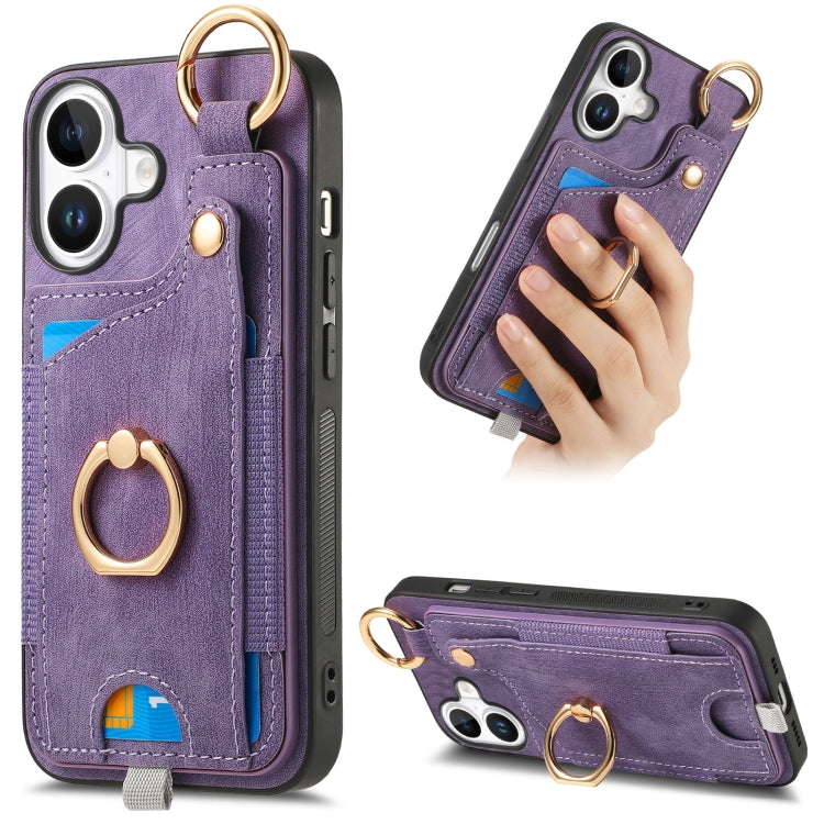 Retro Skin-feel Ring Card Bag Phone Case with Hang Loop, For iPhone 17e / 16e, For iPhone 16 Pro Max, For iPhone 16 Pro, For iPhone 16 Plus