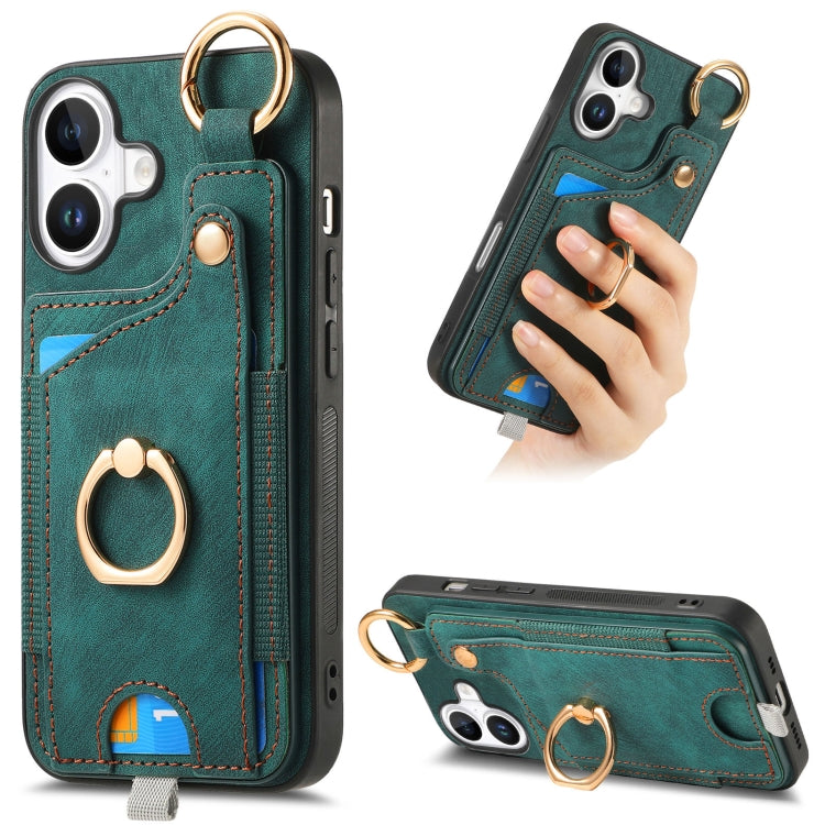 Retro Skin-feel Ring Card Bag Phone Case with Hang Loop, For iPhone 17e / 16e, For iPhone 16 Pro Max, For iPhone 16 Pro, For iPhone 16 Plus
