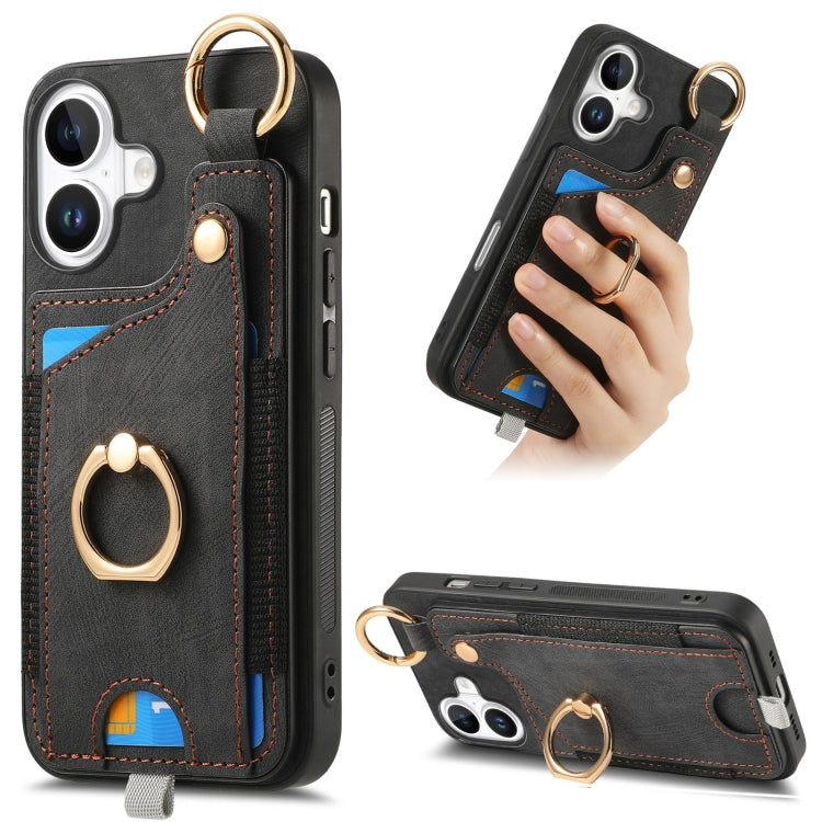 Retro Skin-feel Ring Card Bag Phone Case with Hang Loop, For iPhone 17e / 16e, For iPhone 16 Pro Max, For iPhone 16 Pro, For iPhone 16 Plus