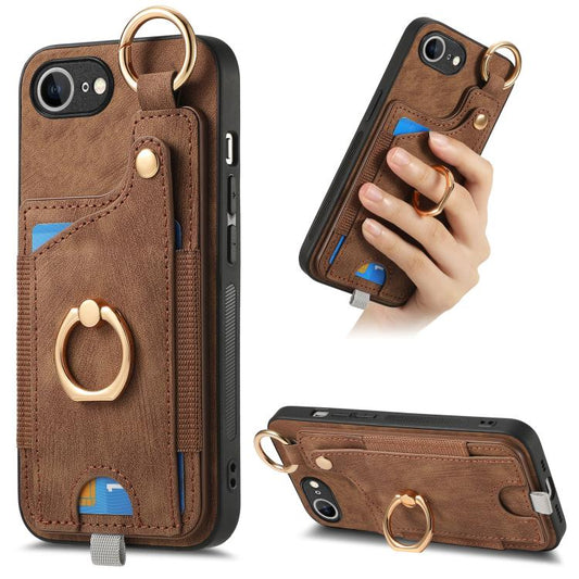 Retro Skin-feel Ring Card Bag Phone Case with Hang Loop, For iPhone 17e / 16e, For iPhone 16 Pro Max, For iPhone 16 Pro, For iPhone 16 Plus