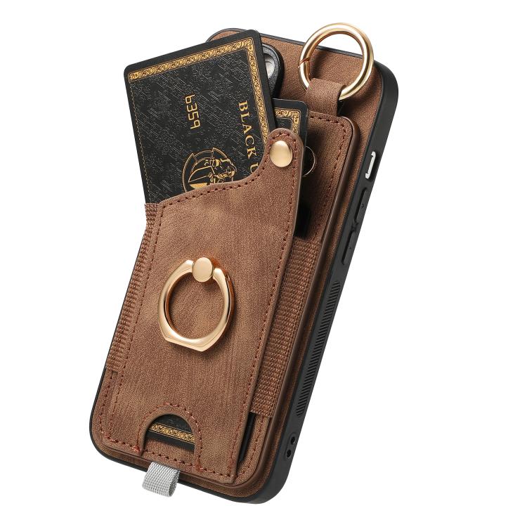 Retro Skin-feel Ring Card Bag Phone Case with Hang Loop, For iPhone 17e / 16e, For iPhone 16 Pro Max, For iPhone 16 Pro, For iPhone 16 Plus