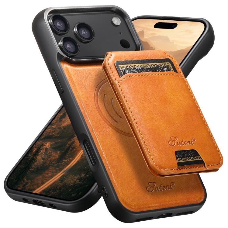 Suteni H15 MagSafe Oil Eax Leather Detachable Wallet Back Phone Case, For iPhone 17e / 16e, For iPhone 17 Pro Max, For iPhone 17 Pro, For iPhone 17