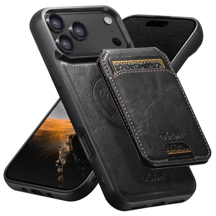 Suteni H15 MagSafe Oil Eax Leather Detachable Wallet Back Phone Case, For iPhone 17e / 16e, For iPhone 17 Pro Max, For iPhone 17 Pro, For iPhone 17