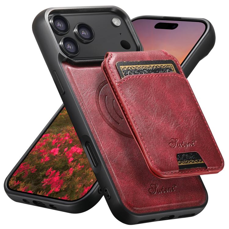 Suteni H15 MagSafe Oil Eax Leather Detachable Wallet Back Phone Case, For iPhone 17e / 16e, For iPhone 17 Pro Max, For iPhone 17 Pro, For iPhone 17