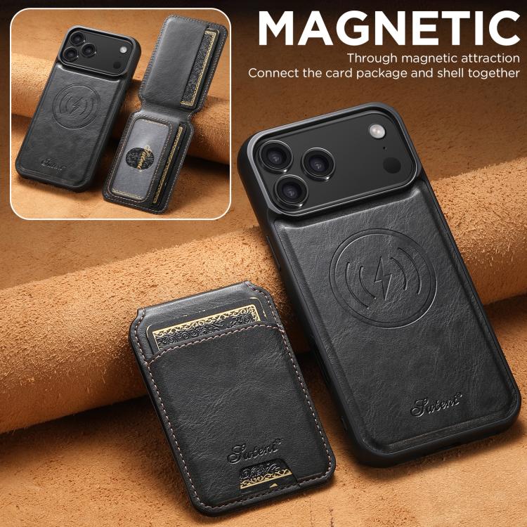 Suteni H15 MagSafe Oil Eax Leather Detachable Wallet Back Phone Case, For iPhone 17e / 16e, For iPhone 17 Pro Max, For iPhone 17 Pro, For iPhone 17