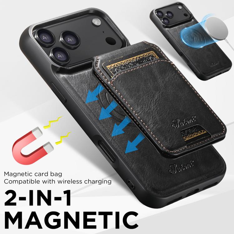 Suteni H15 MagSafe Oil Eax Leather Detachable Wallet Back Phone Case, For iPhone 17e / 16e, For iPhone 17 Pro Max, For iPhone 17 Pro, For iPhone 17