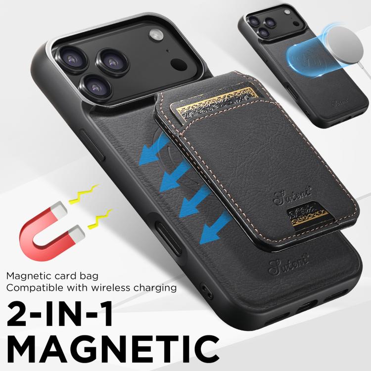 Suteni H16 Litchi Texture Leather Detachable Wallet Back Phone Case, For iPhone 16 Pro, For iPhone 16 Plus, For iPhone 16, For iPhone 15 Pro Max, For iPhone 15 Pro, For iPhone 15 Plus