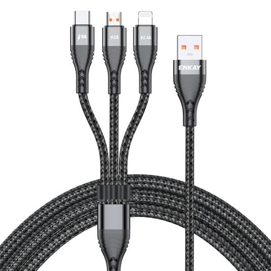 ENKAY 3-in-1 6A USB to Type-C / 8 Pin / Micro USB Multifunction Fast Charging Cable, 1m, 2m