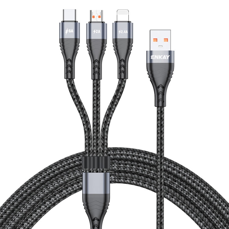 ENKAY 3-in-1 6A USB to Type-C / 8 Pin / Micro USB Multifunction Fast Charging Cable, 1m, 2m
