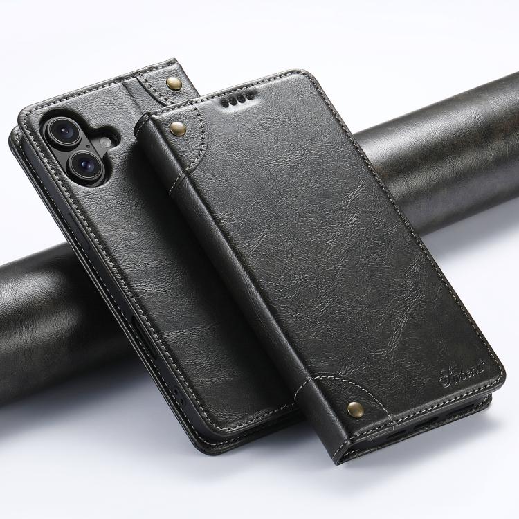 Suteni Baroque Calf Texture Buckle Wallet Leather Phone Case, For iPhone 16e, For iPhone 16 Pro Max, For iPhone 16 Pro, For iPhone 16 Plus