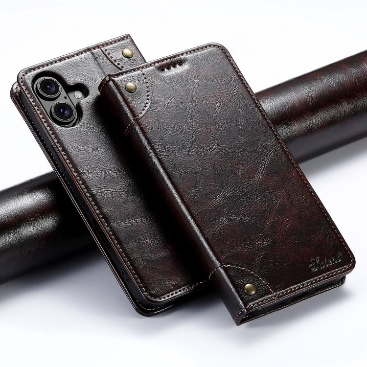 Suteni Baroque Calf Texture Buckle Wallet Leather Phone Case, For iPhone 16e, For iPhone 16 Pro Max, For iPhone 16 Pro, For iPhone 16 Plus