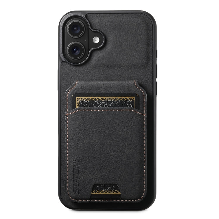 Suteni H02 Litchi Leather Card Wallet Stand Back Phone Case, For iPhone 16e, For iPhone 16 Pro Max, For iPhone 16 Pro, For iPhone 16 Plus