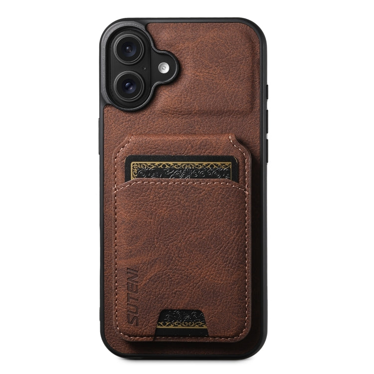Suteni H02 Litchi Leather Card Wallet Stand Back Phone Case, For iPhone 16e, For iPhone 16 Pro Max, For iPhone 16 Pro, For iPhone 16 Plus